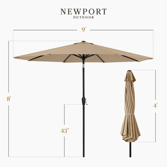 9ft Commercial Grade 5 Year No Fade Patio Umbrella, Tilt & Crank, Aluminum